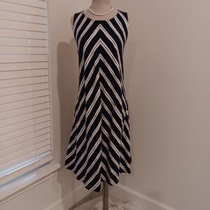 Lands' End Navy and White Chevron Linen Midi Dress